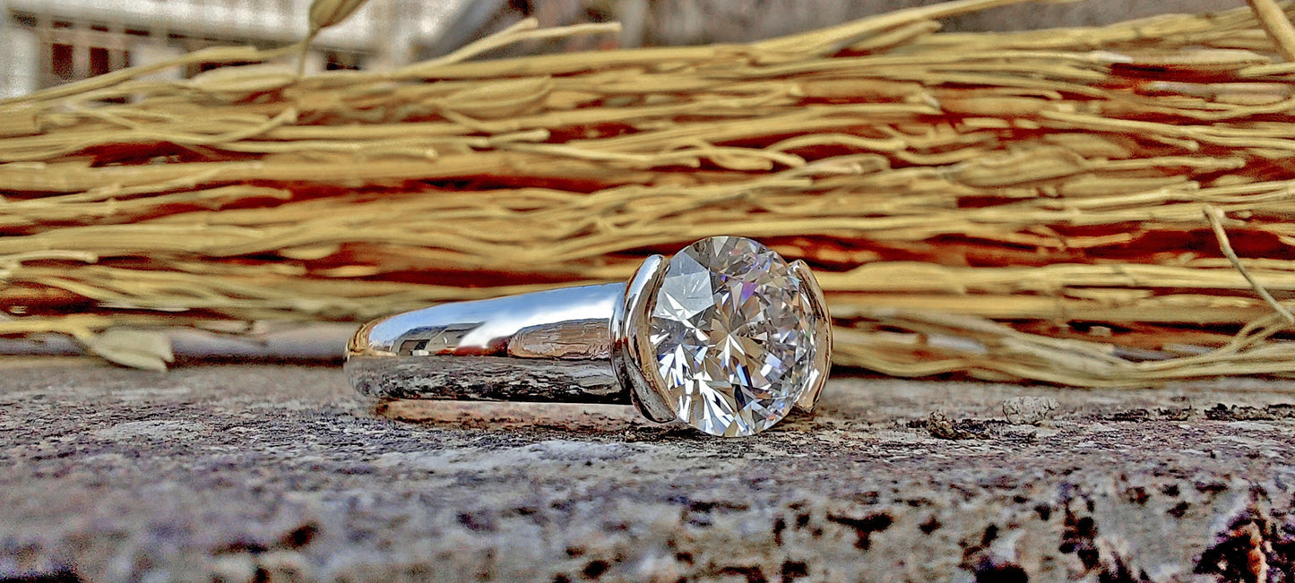 Round Lab grown Diamond Half Bezel Solitaire Engagement Ring, Ring for Women, Ring for Men, Ring for Unisex adult.