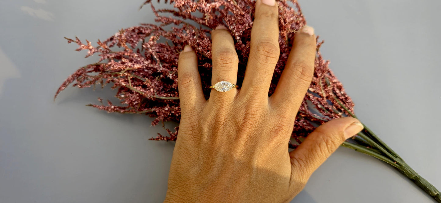 East West Bezel Set Marquise Moissanite Solitaire Engagement Ring, Rings for women, Low profile ring, statement art deco ring, ring for her.