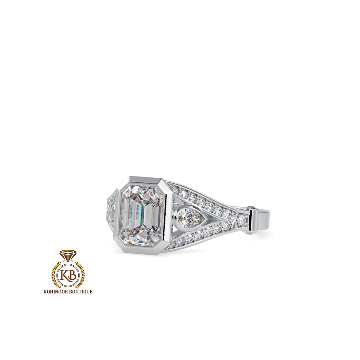 Bezel set Emerald and Pear Cut 3 stone with side pave split shank Moissanite Engagement ring, Ring for women, art deco ring, ring for her.