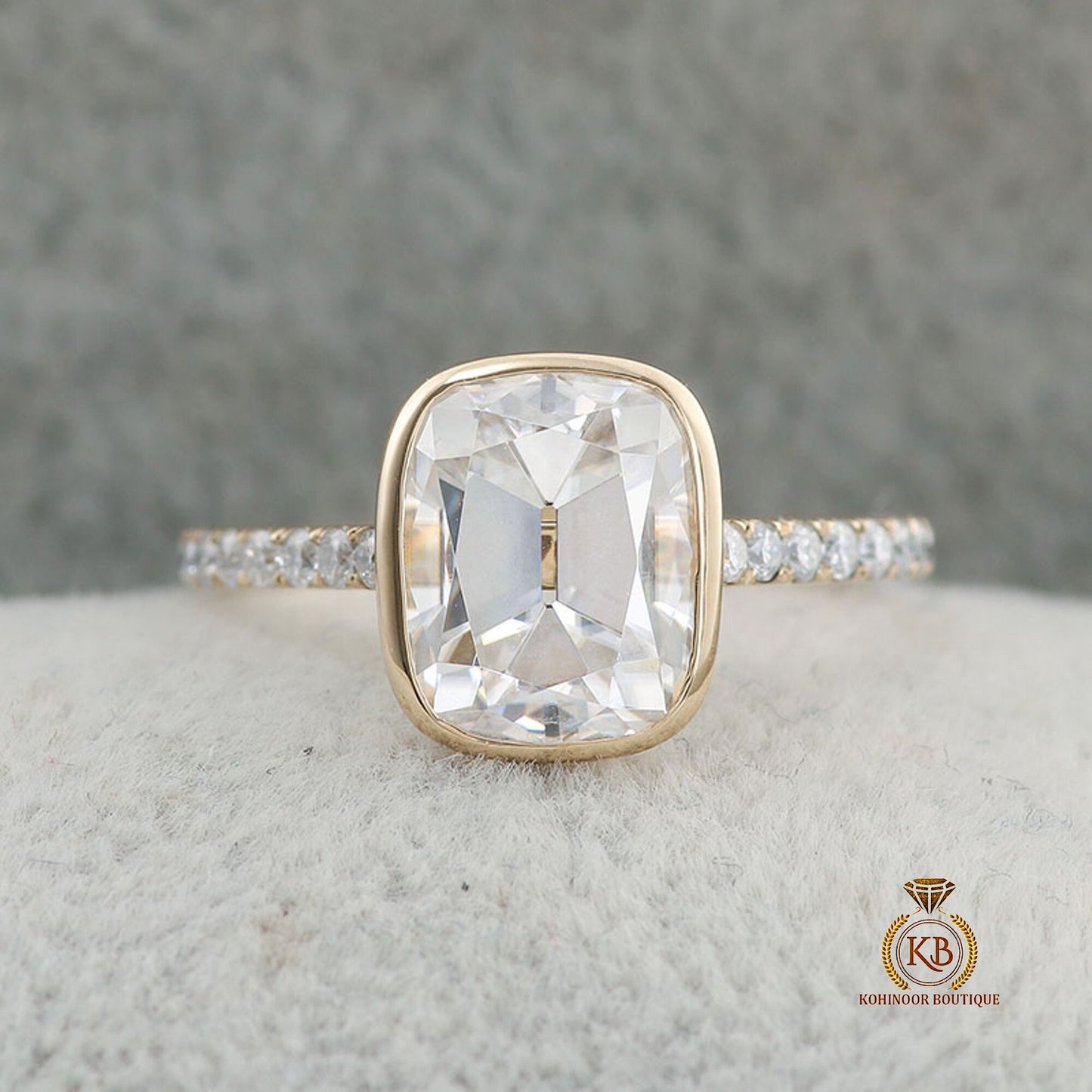 Old Mine Cut OMC Elongated Cushion Cut Bezel Cathedral set with side pave Moissanite Engagement Ring, Antique Bezel Set ring.