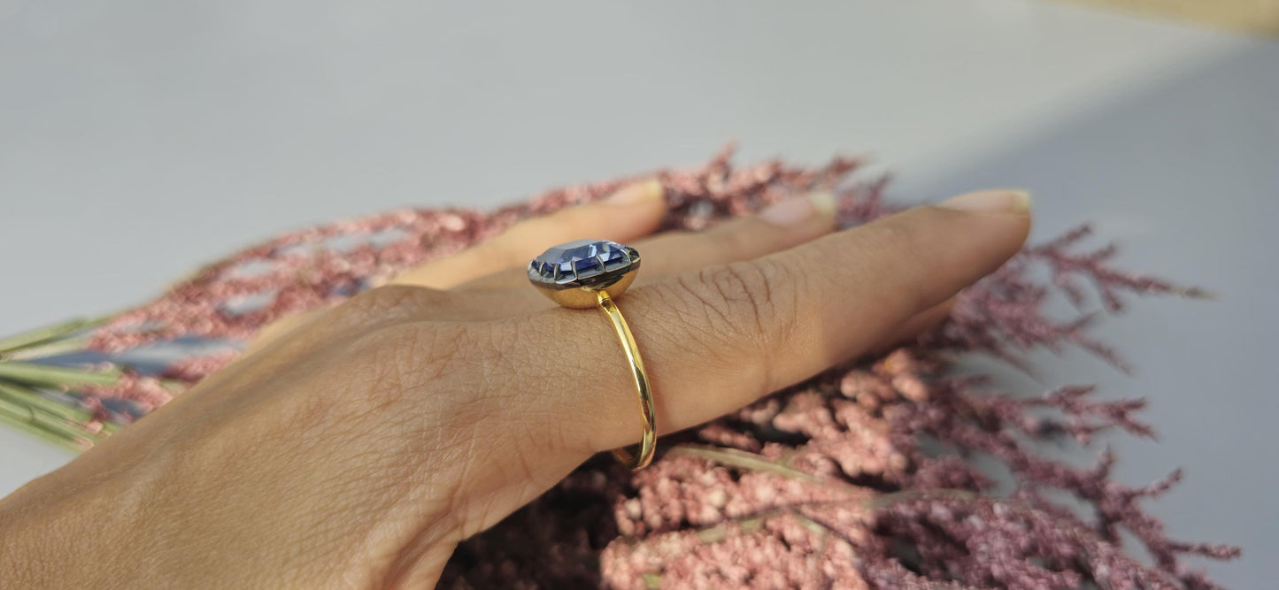 East West  set Corn flower Blue sapphire emerald Cut Georgian cut down button back solitaire engagement ring, ring for her, ring for women
