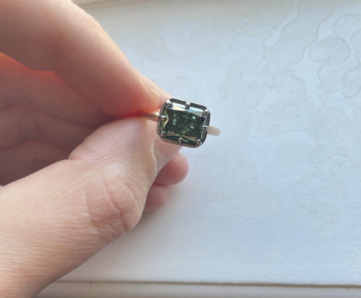 Green Radiant Cut Moissanite East West Georgian Style Bezel Set Solitaire ring, ring for women, Unique ring for her, statement ring