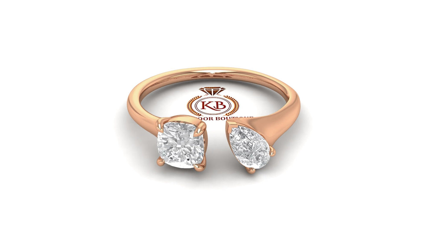 Cushion & Pear Cut Toi Et Moi  colorless moissanite two stone Engagement\wedding\promise\proposal ring, gift for her