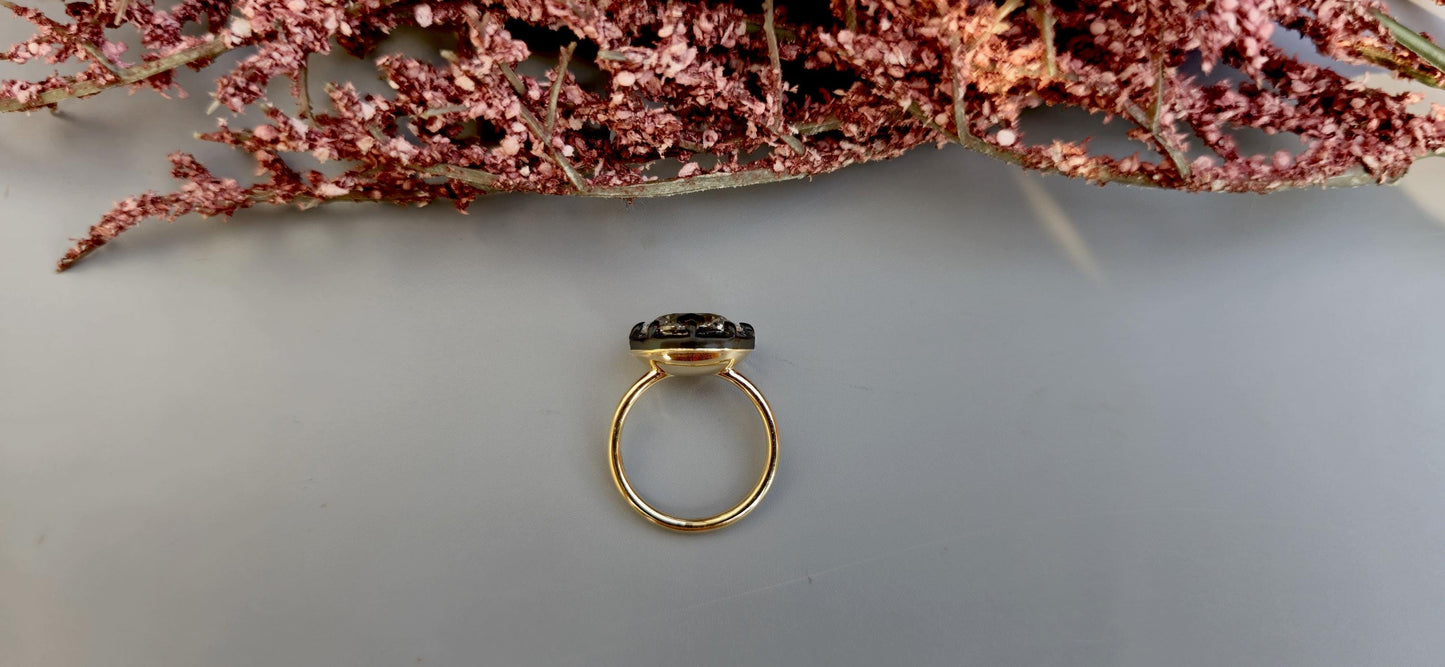 East west set Old mine cut Oval Moissanite Button Back Georgian Cut Down Set ring, blackened gold ring ring for women, Ring for her.