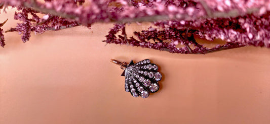 Sea shell charm Moissanite blackened gold Georgian Pendant without chain, Circa Vintage Pendant.