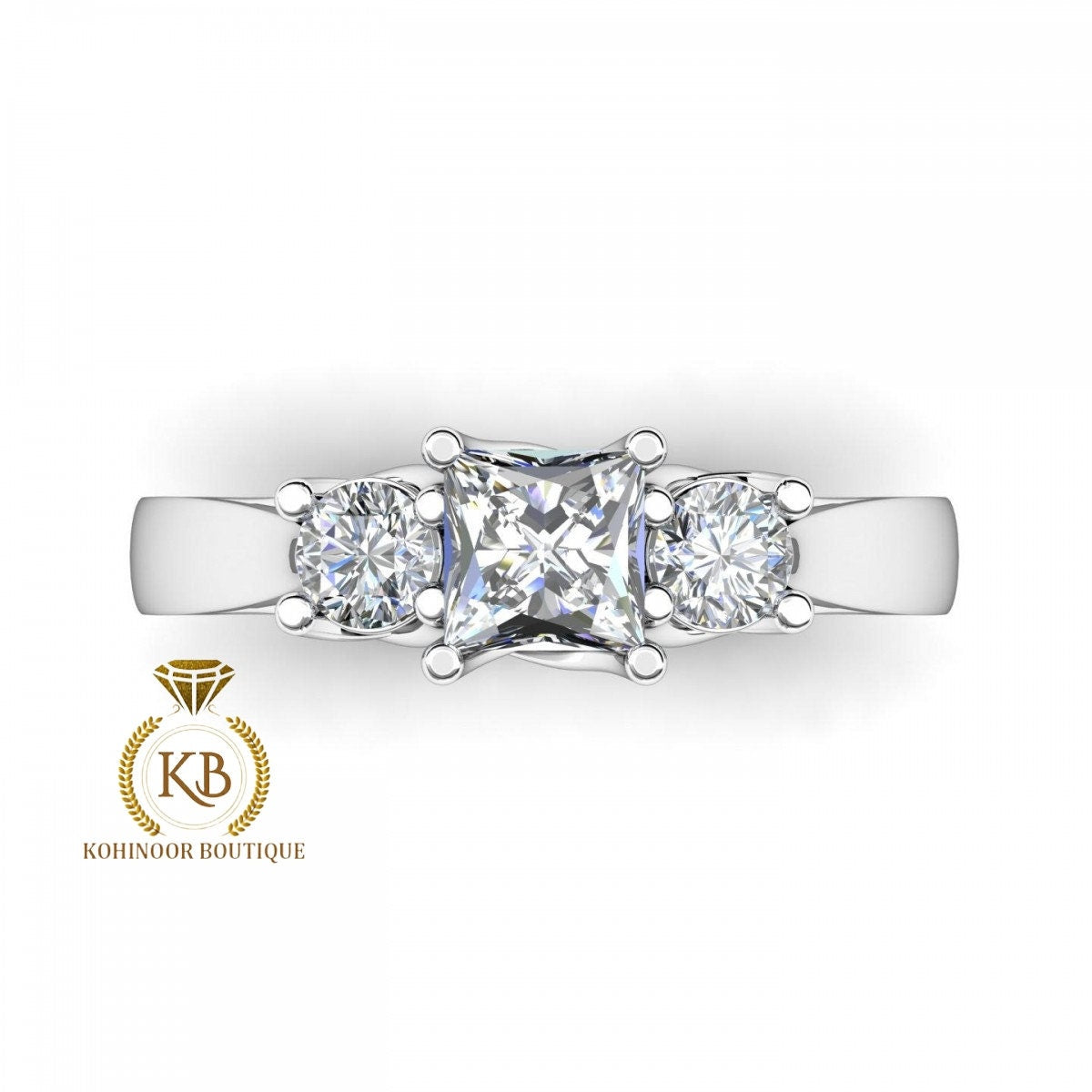 Trellis Set Princess cut and Round Moissanite Trilogy 3 stone engagement ring in 10k\14k\18k White\Rose\Yellow Gold