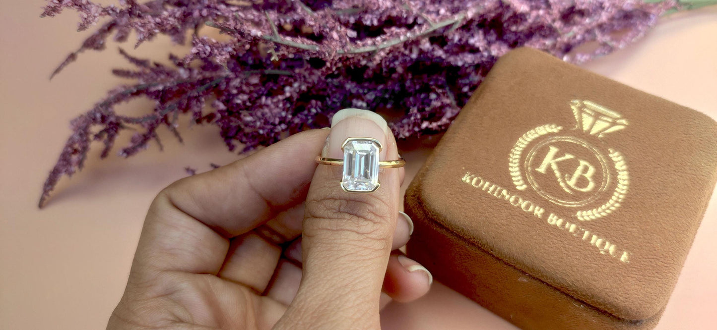 Half Bezel Set Emerald Moissanite Solitaire ring with Knife edge band, Engagement ring for her, ring for women.