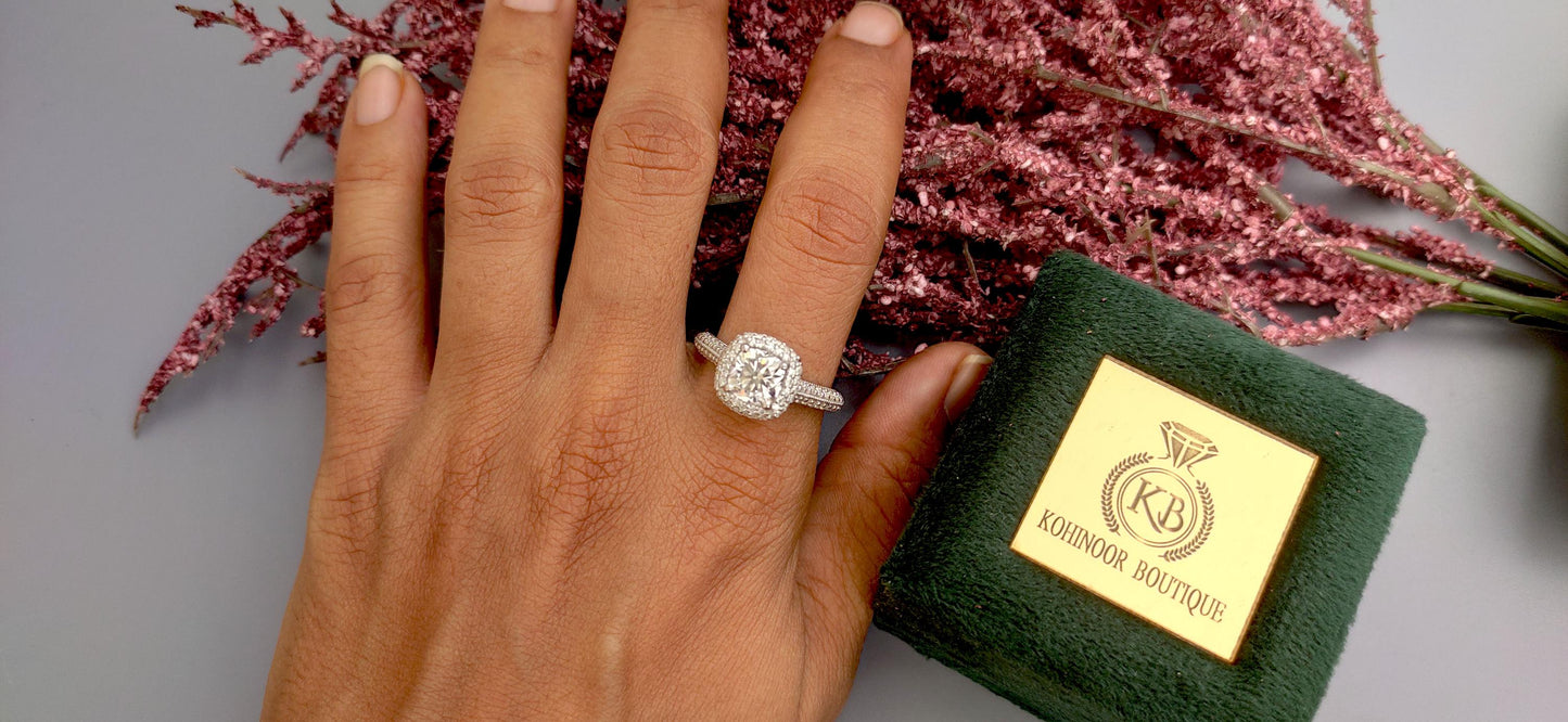 Vintage Cushion Cut Cathedral set Moissanite Double Halo double side pave milgrain pave basket with Lab rubies and and pave basket band.