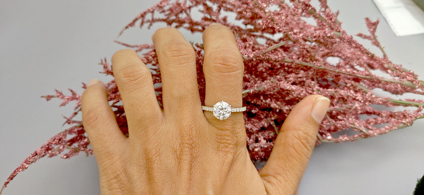 Tulip Lotus Prong French Pave Band Round Moissanite Solitaire Engagement Ring,flower basket  Promise\proposal Ring.