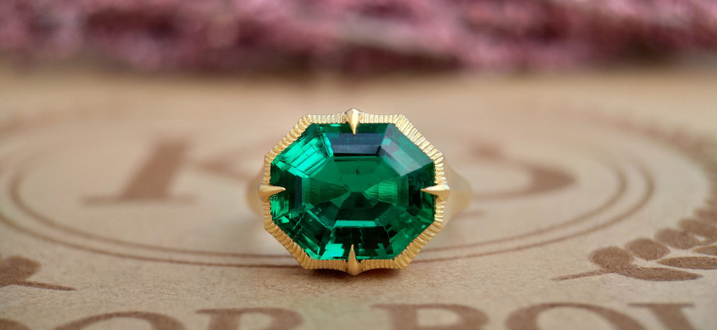 Lab Emerald Georgian cut down Compass prongs set Knife edge Signet Solitaire ring in matt\Glossy finish, Ring for her\Women