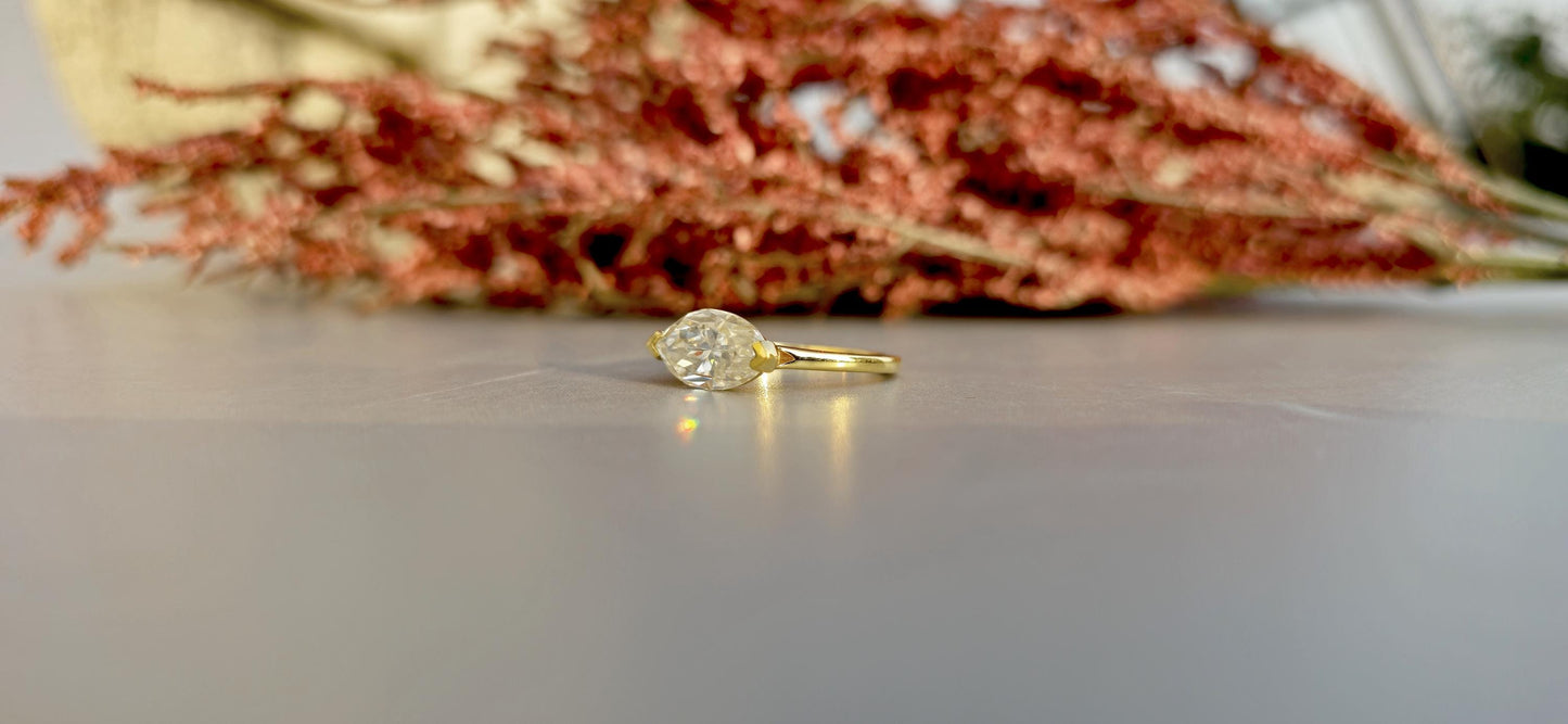 East West Bezel Set Marquise Moissanite Solitaire Engagement Ring, Rings for women, Low profile ring, statement art deco ring, ring for her.