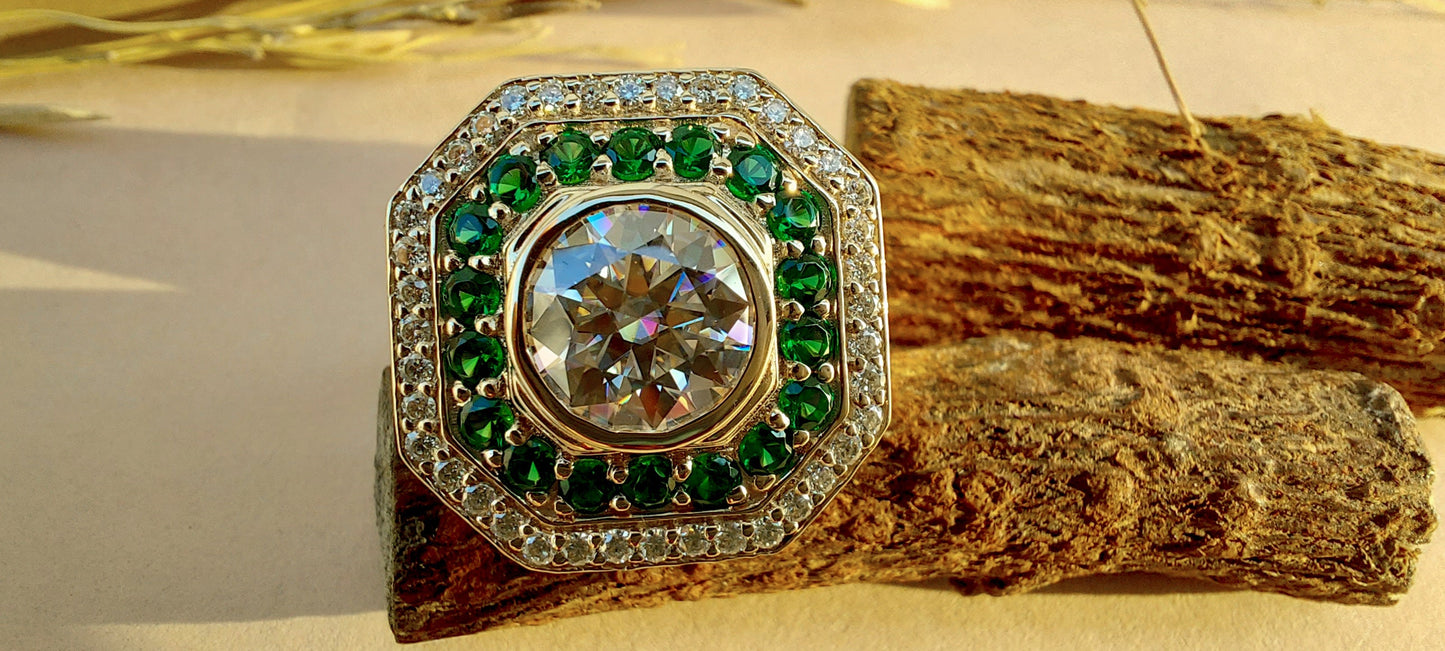 Vintage Round Cut Moissanite and Emerald Double Halo Engagement Ring, Proposal Ring, Ring for Mother, Anniversary Gift for wife