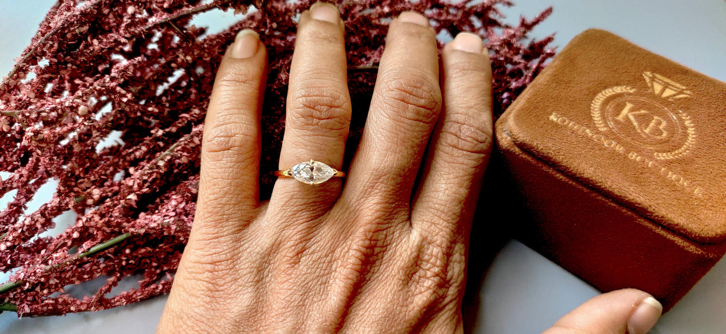 East-West Marquise Moissanite Compass set Solitaire Engagement Ring, Anniversary gift for wife in 10k,14k,18k Gold, Platinum and Silver