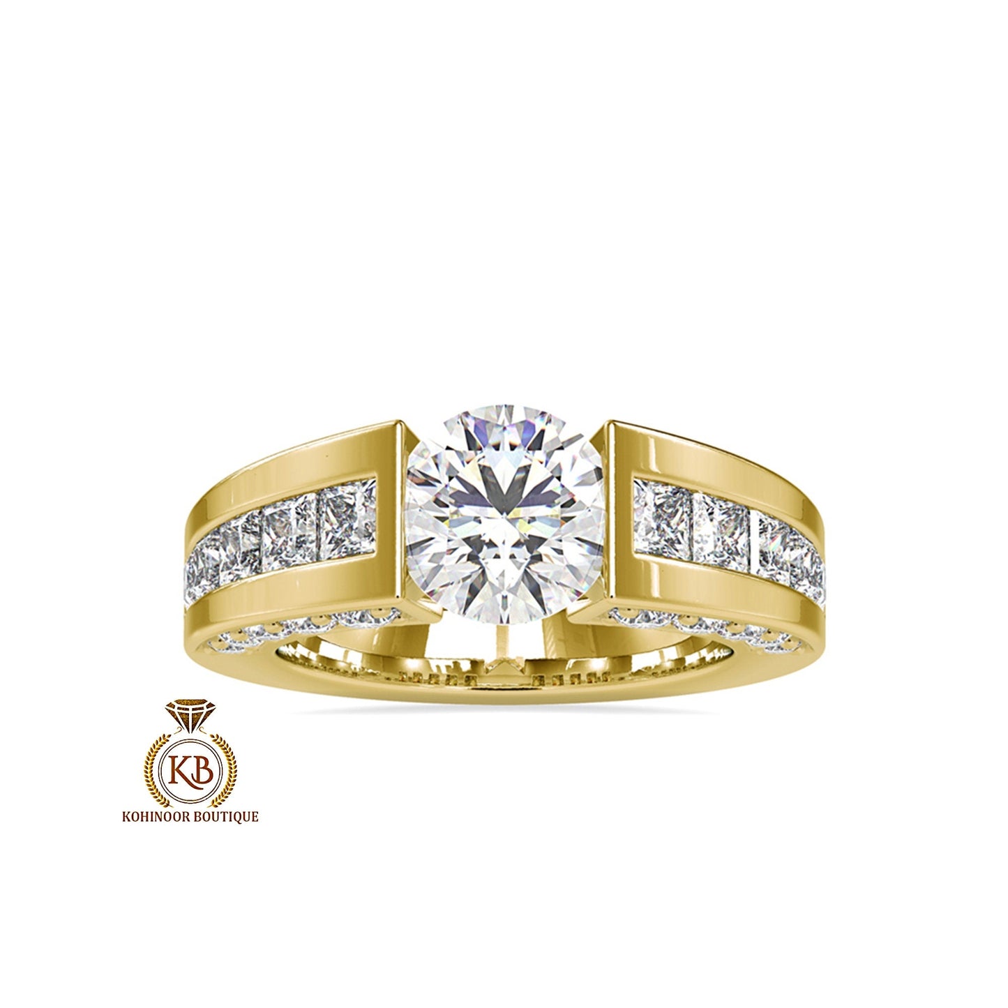 Round Cut Moissanite with princess cut side pave Engagement Ring, Proposal\Anniversary\Wedding Ring for Men\Women\Unisex Band