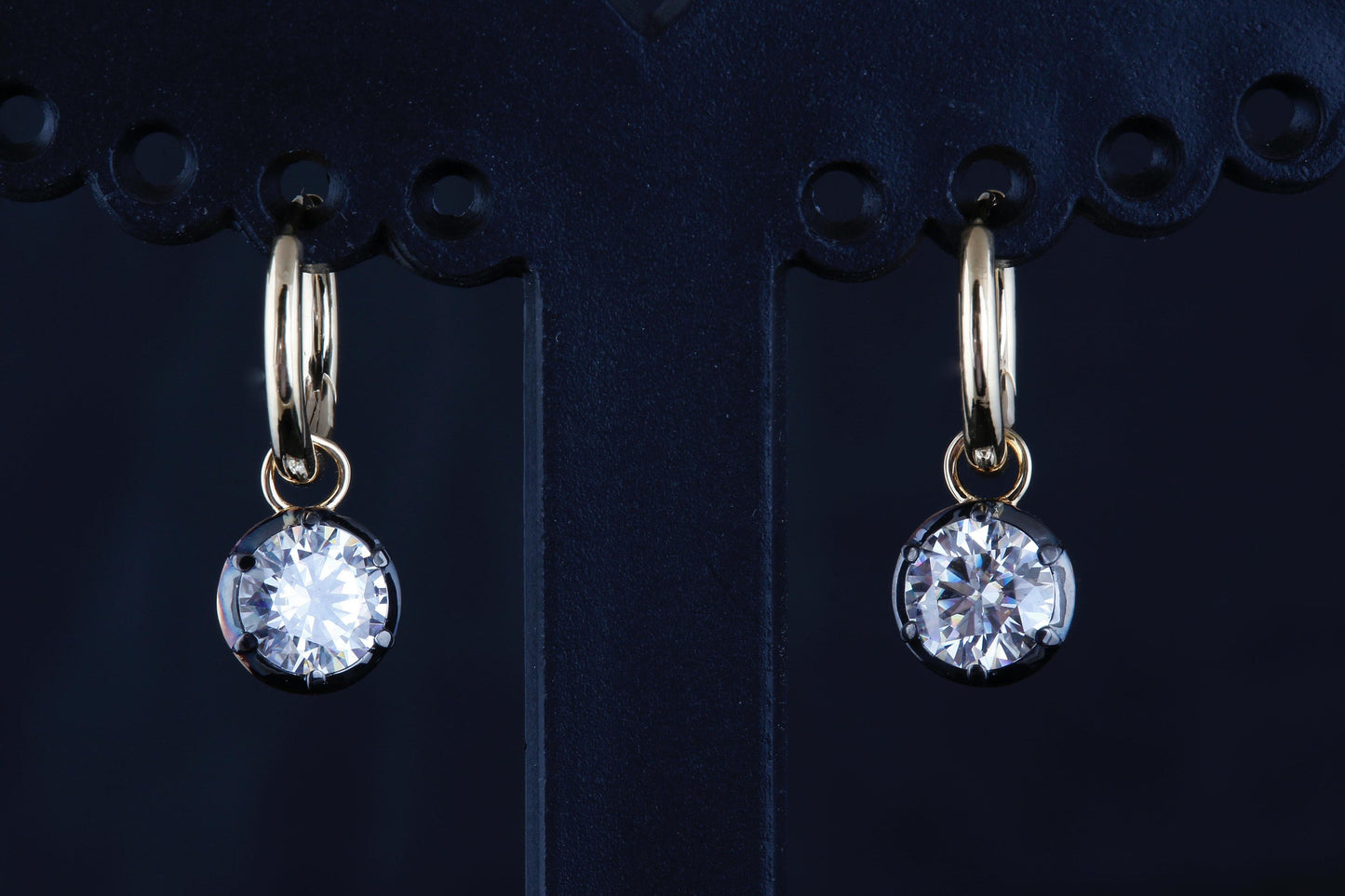 Round Lab grown diamond button back Georgian cut down Gypset huggie, removable hoops, statement earring, blackened gold earrings.