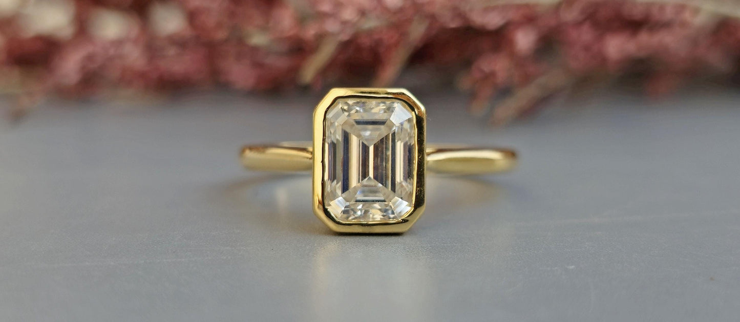 Bezel Set Emerald Moissanite with Tulip basket Solitaire ring, Engagement ring for her, ring for women, proposal ring