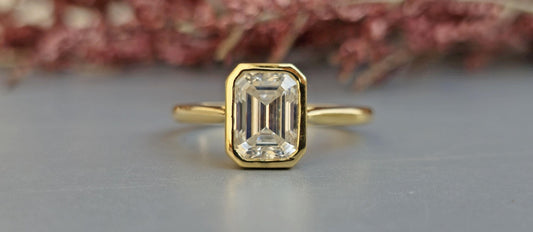 Bezel Set Emerald Moissanite with Tulip basket Solitaire ring, Engagement ring for her, ring for women, proposal ring