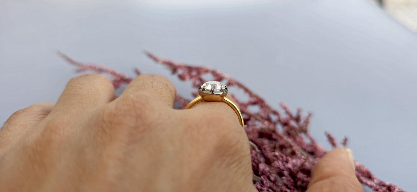 Old European Cut OEC Round Button Back Georgian Cut Down Set blackened gold Moissanite Solitaire Engagement ring