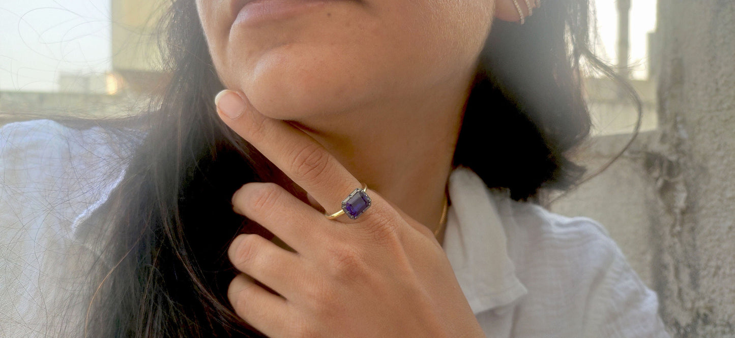 East West  set Lab Blue sapphire emerald Cut Georgian cut down button back solitaire engagement ring, ring for her,ring for women