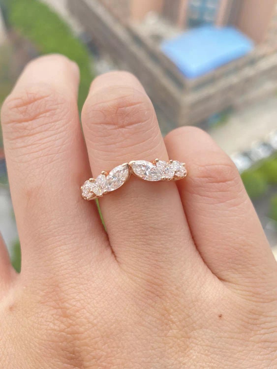 East West Marquise Pear Moissanite wedding band, Bridal stackable, Anniversary gift for wife
