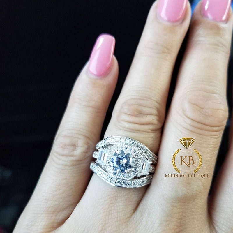 Round & Trapezoid  Halo 3 stone with side pave Moissanite Engagement Ring, rings for women, statement ring.