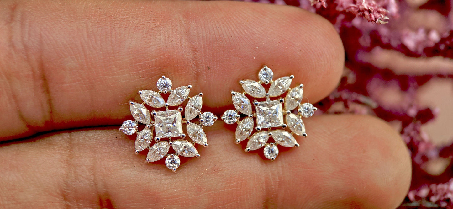 Marquise, Princess and Round Lab grown cluster studs, Statement earrings for her, Earrings studs for women, Party wear Wedding Earrings
