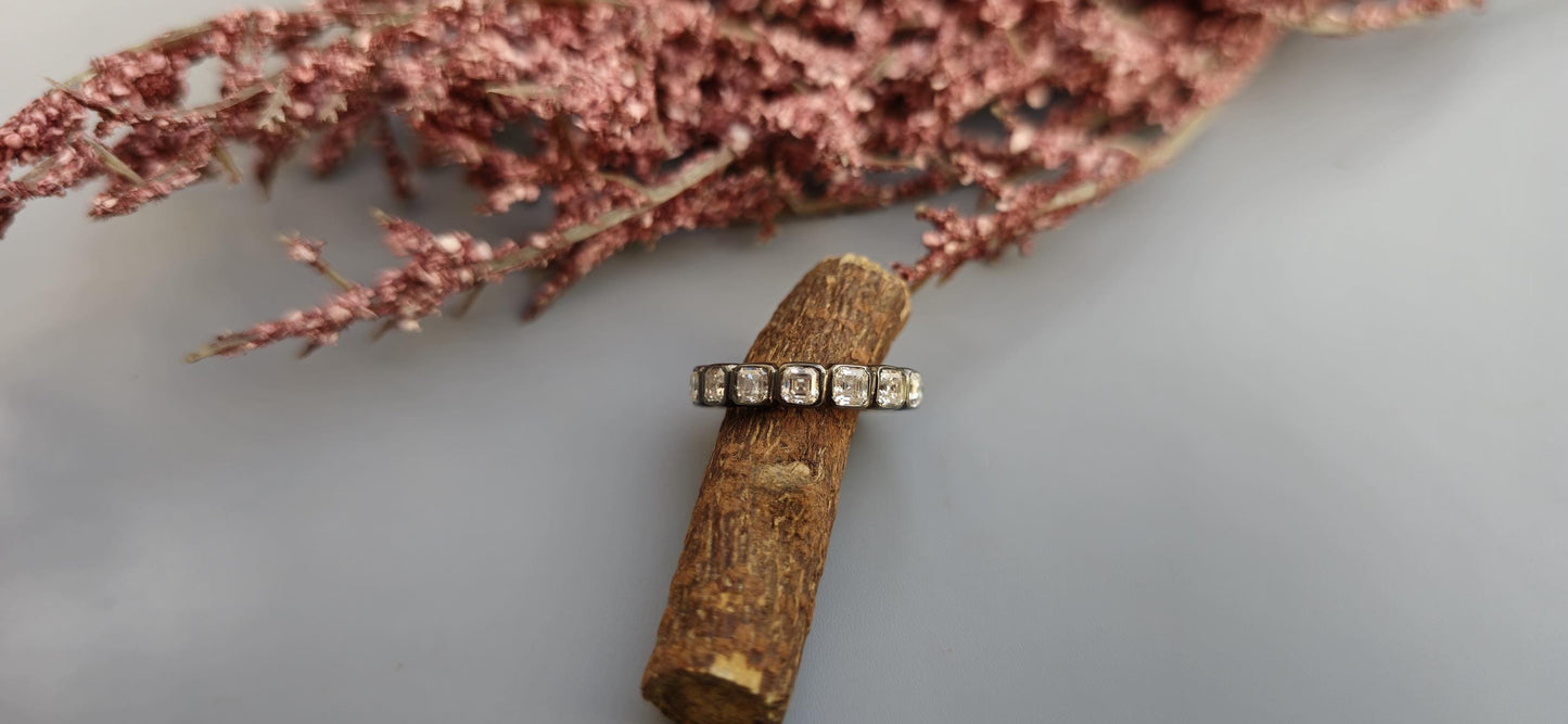 Asscher Cut Lab grown diamond Wedding band in blackened gold, Full\Half Eternity Ring, Stackable Ring, Georgian antique eternity ring
