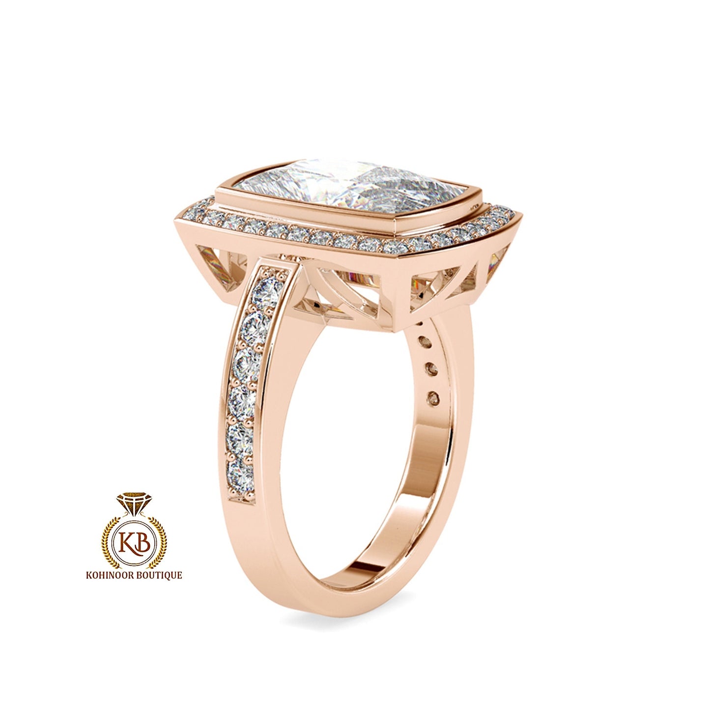 Unique Art Deco Elongated Princess Cut Halo with side pave Band Moissanite Engagement\Wedding\Mother Ring in 18k\14k\10k