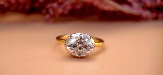 East west set Oval Moissanite Button Back Georgian Cut Down Set Solitaire Engagement ring, ring for women, Ring for her.