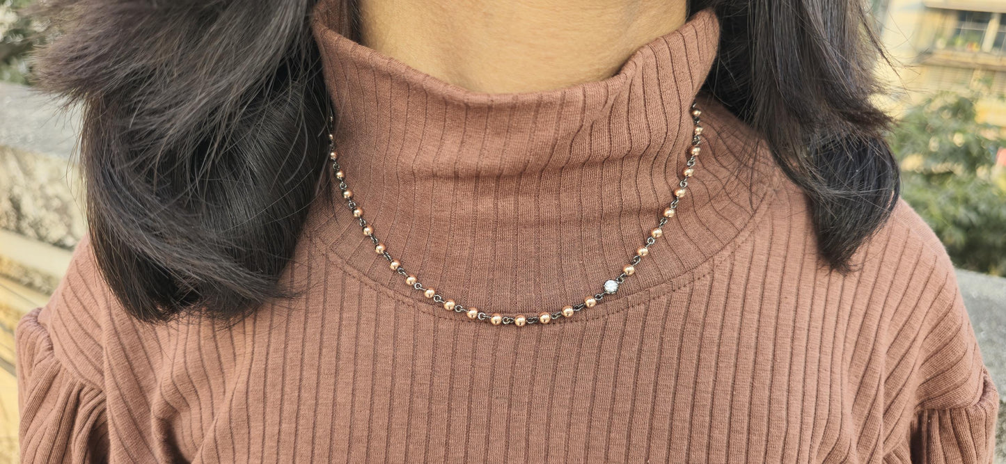 4 mm Ball n Chain Necklace with 1 moissanite blackened gold links, Vintage Edwardian Antique necklace, Anniversary Gift, necklace for women