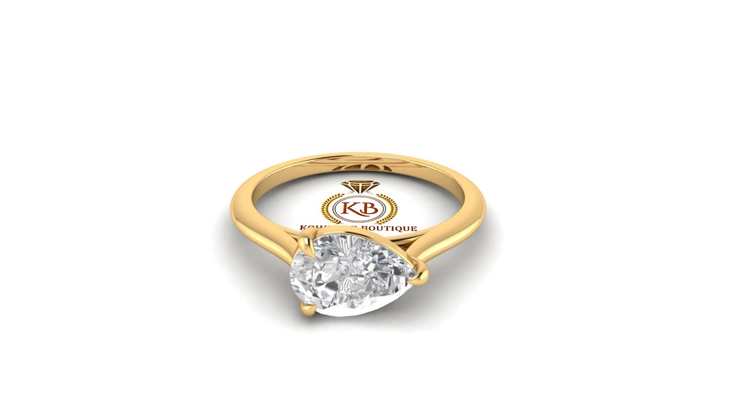 East-West Classic Trellis Pear Cut Solitaire Engagement Ring, Right hand ring, Cocktail Ring, Ring for her, ring for women