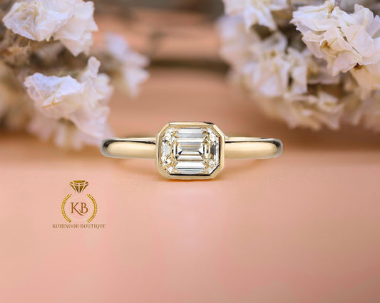 East West Bezel Set Emerald Moissanite Solitaire Engagement Ring, Ring for her, Gift for her, Gift for wife, Promise proposal ring.