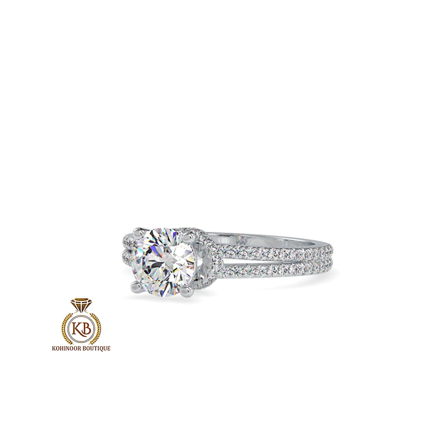 Round Solitaire with side U cut double pave with collar , plunge halo Moissanite Engagement ring, rings for women, ring for her.