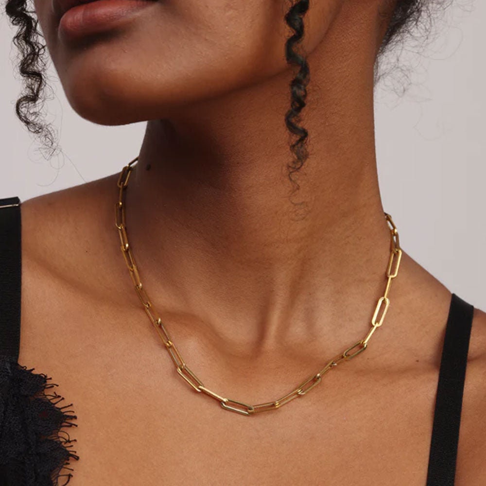 18k Solid Yellow and Rose Gold Paperclip Chain Necklace, Link Chain Necklace, Rectangle Link Necklace, Paperclip Chain 4.00mm, Italian Chain