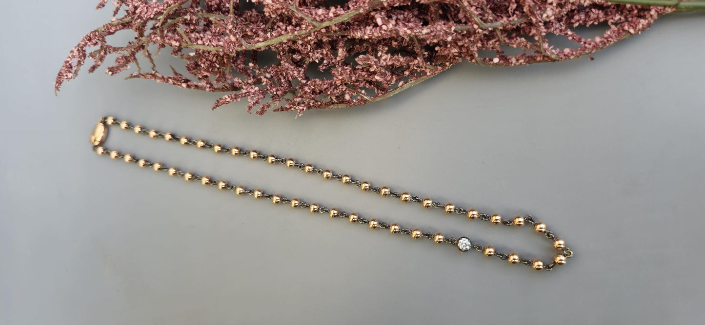 4 mm Ball n Chain Necklace with 1 moissanite blackened gold links, Vintage Edwardian Antique necklace, Anniversary Gift, necklace for women