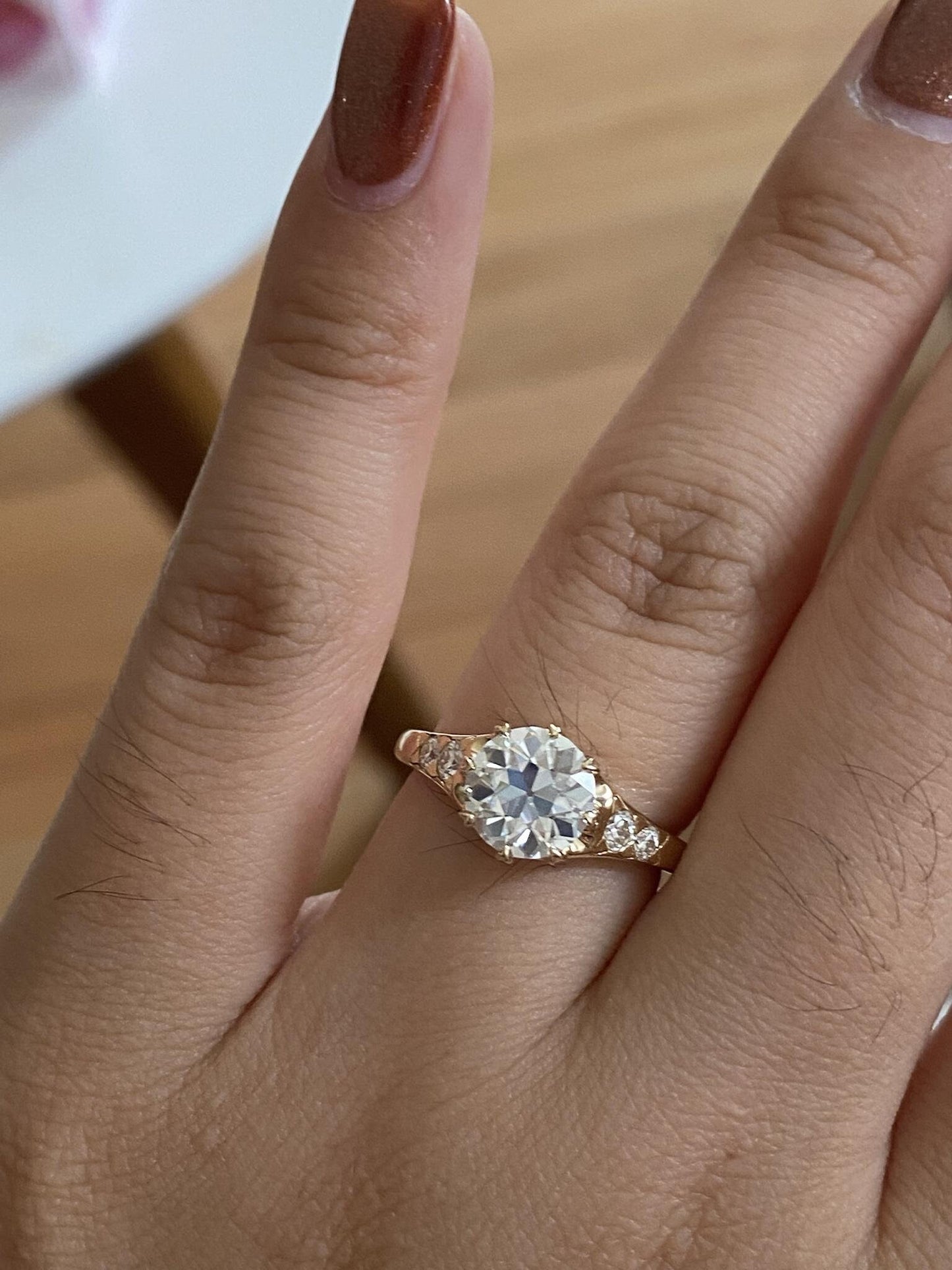 Vintage Old European cut moissanite solitaire Engagement ring with side stones, Edwardian Setting ,ring for women, vintage-inspired setting.