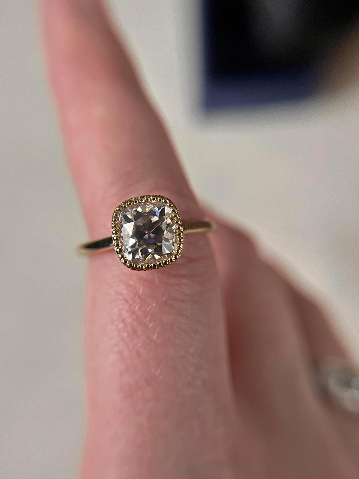 Old Mine Elongated Cushion Cut Milgrain Bezel lattice set Moissanite Engagement Ring with\without shoulders,Vintage Ring