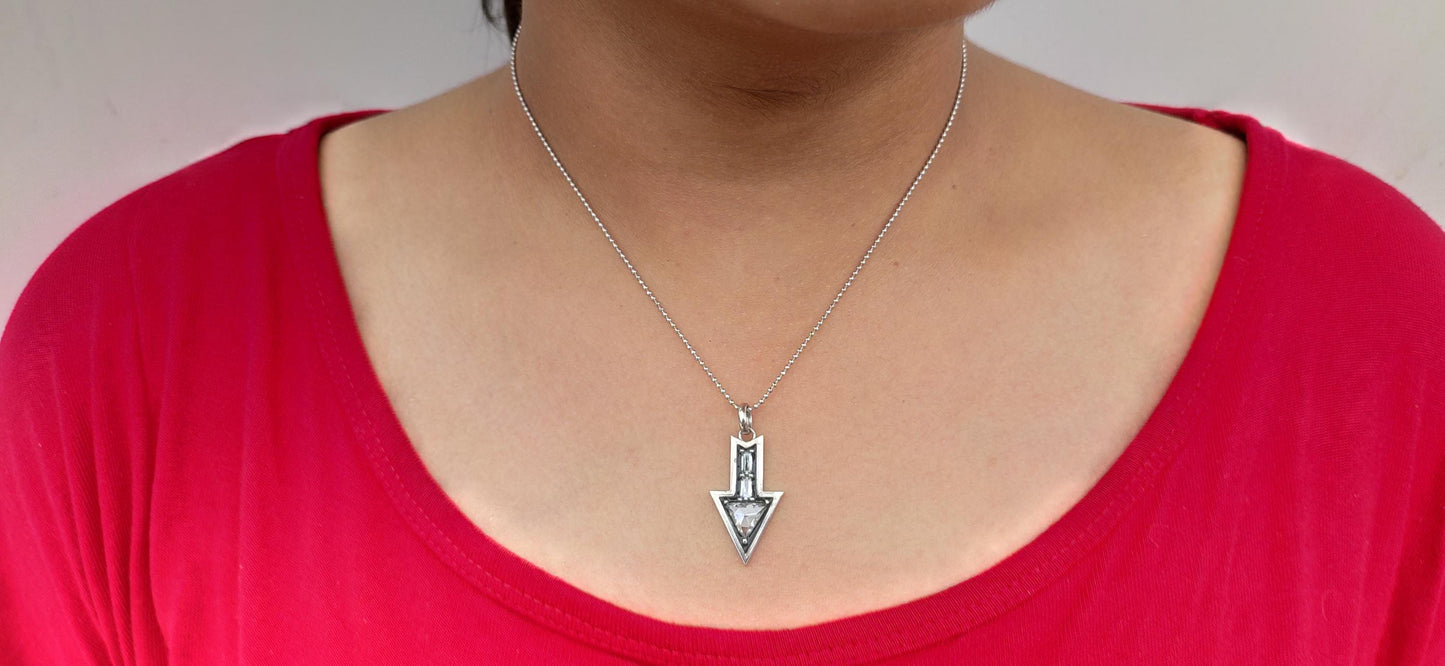 Arrow direction Triangle and baguette Cut Moissanite blackened gold Georgian Pendant without chain, Circa Vintage Arrow Talisman Pendant.