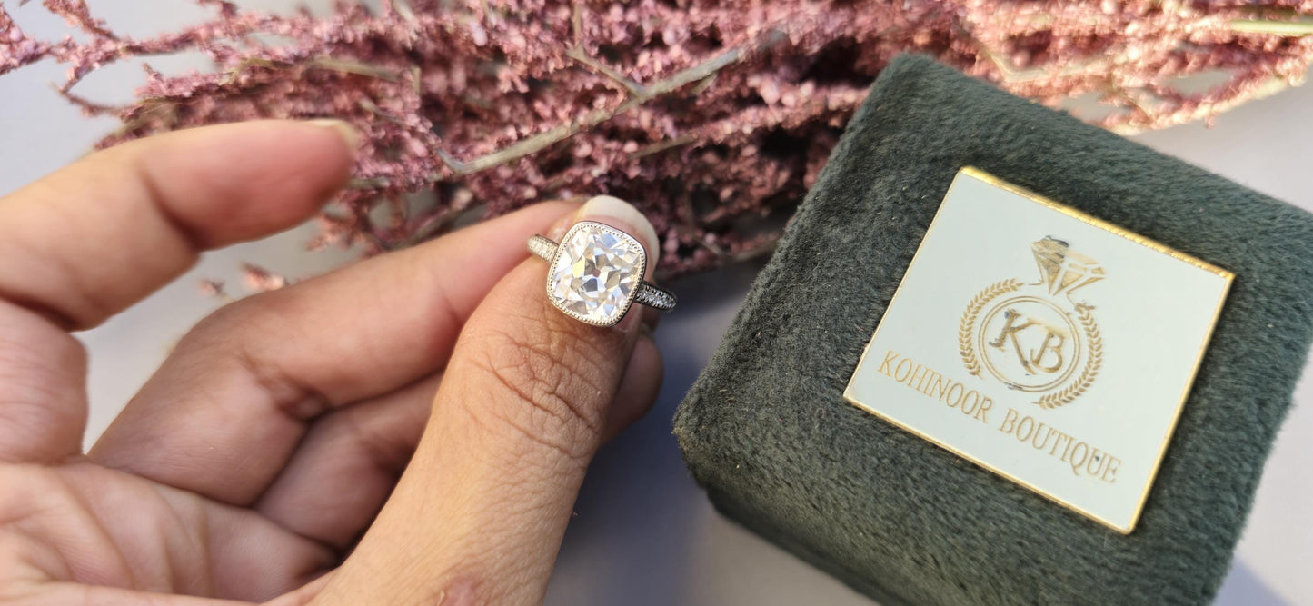 Elongated Old Mine Cushion Cut Bezel set Moissanite Engagement Ring, Tulip Flower basket Vintage Ring