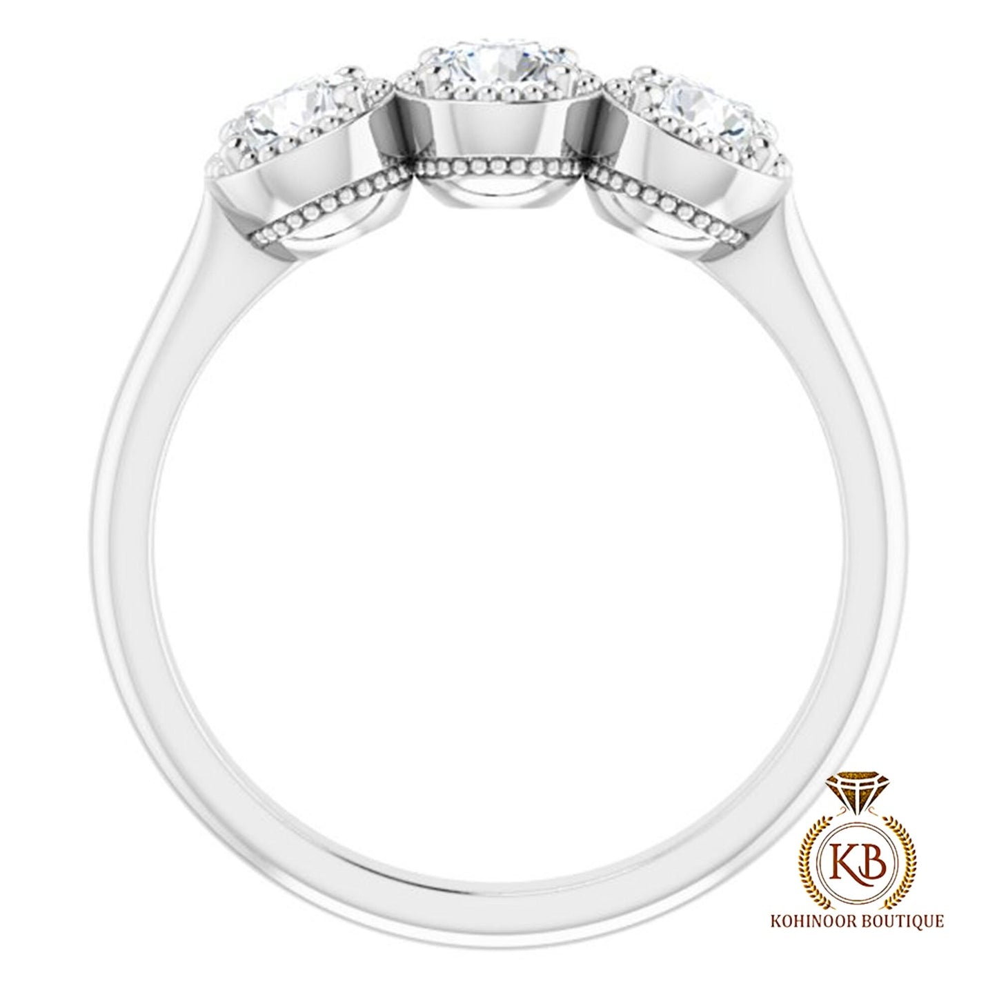 3 Stone Round Bezel Milgrain Set Moissanite Engagement ring, Proposal ring, Vintage low profile set ring, ring for her, gift for women.