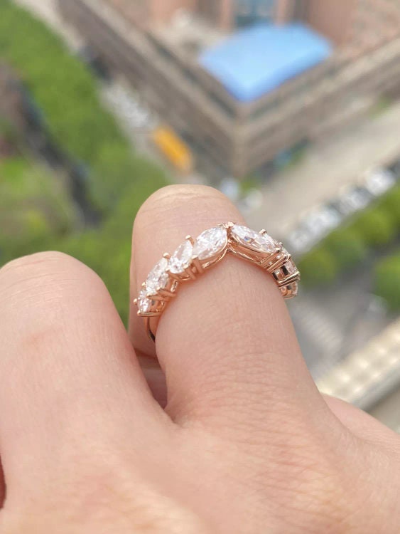 East West Marquise Pear Moissanite wedding band, Bridal stackable, Anniversary gift for wife