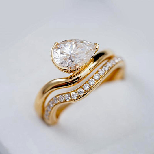 Floating Pear Cut Moissanite Solitaire Engagement Ring, Curvy Pear Ring without side band
