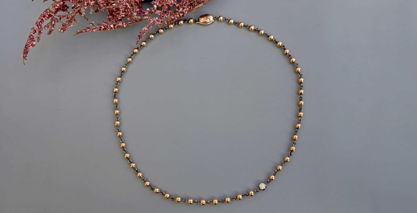 4 mm Ball n Chain Necklace with 1 moissanite blackened gold links, Vintage Edwardian Antique necklace, Anniversary Gift, necklace for women