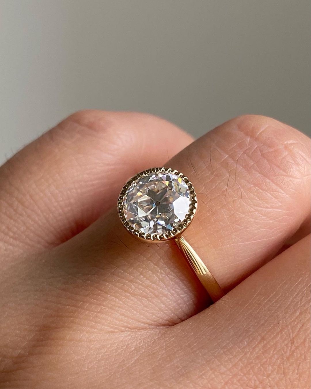 Round Old European Cut OEC Tulip Lotus Prong Bezel Cathedral Set Moissanite Solitaire Engagement Ring, flower basket  Promise\proposal Ring.