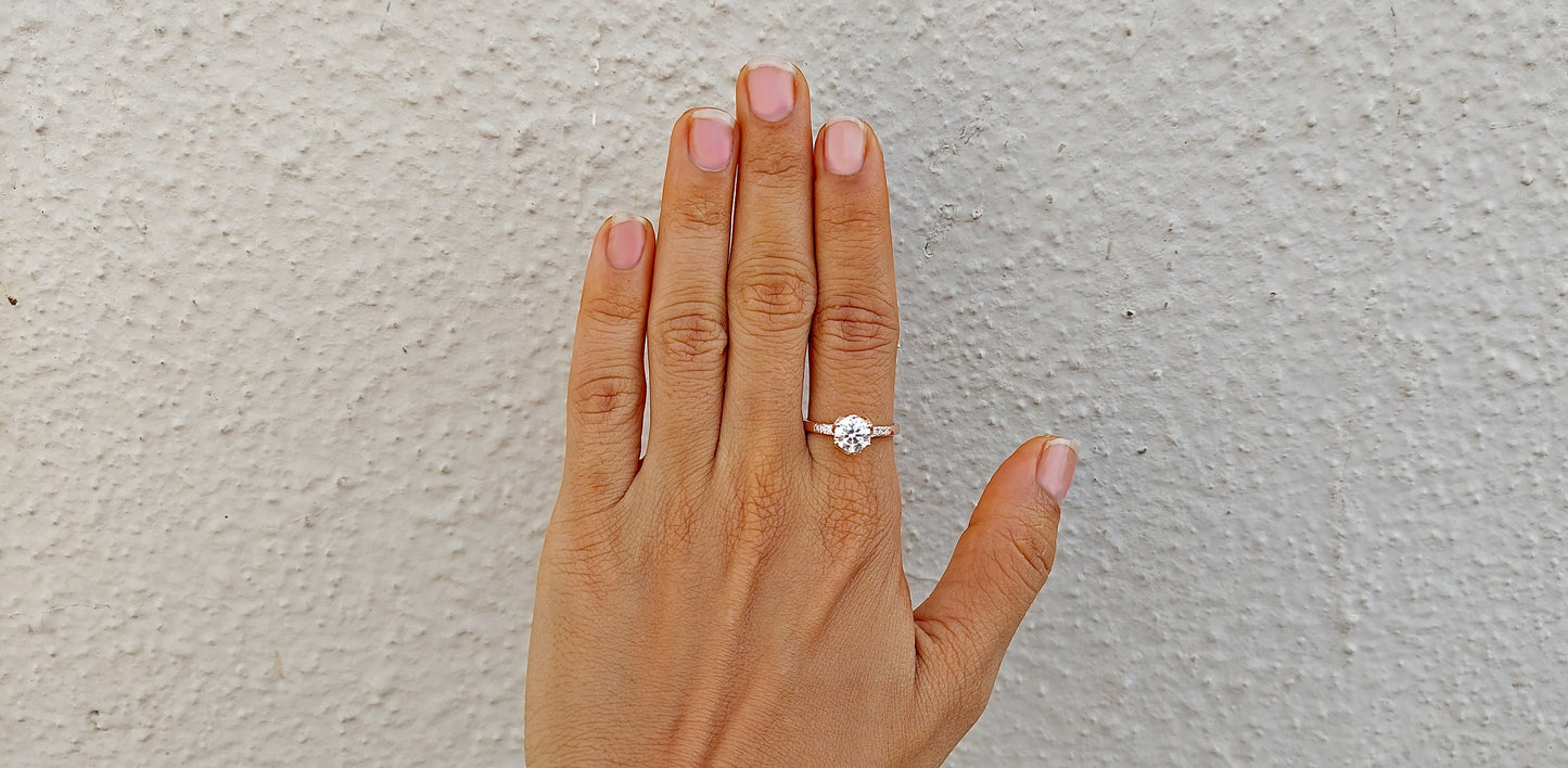 Tulip Pave basket Round  with French Pave Band Moissanite Solitaire Engagement Ring, Lotus Prong with flower basket Promise\proposal Ring.