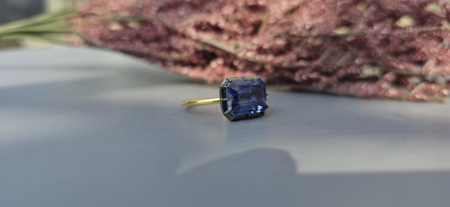 East West  set Corn flower Blue sapphire emerald Cut Georgian cut down button back solitaire engagement ring, ring for her, ring for women