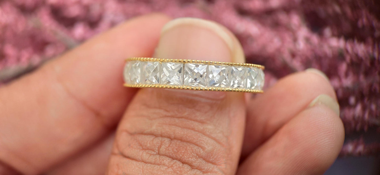Vintage France\ French cut Moissanite Eternity ring,wedding band, stackable ring,Princess carre cut Half\Full eternity band,Anniversary gift