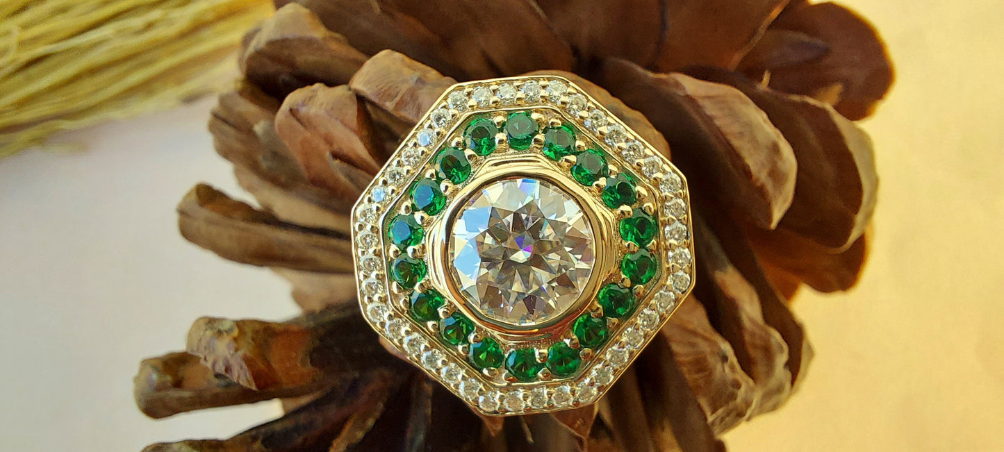 Vintage Round Cut Moissanite and Emerald Double Halo Engagement Ring, Proposal Ring, Ring for Mother, Anniversary Gift for wife