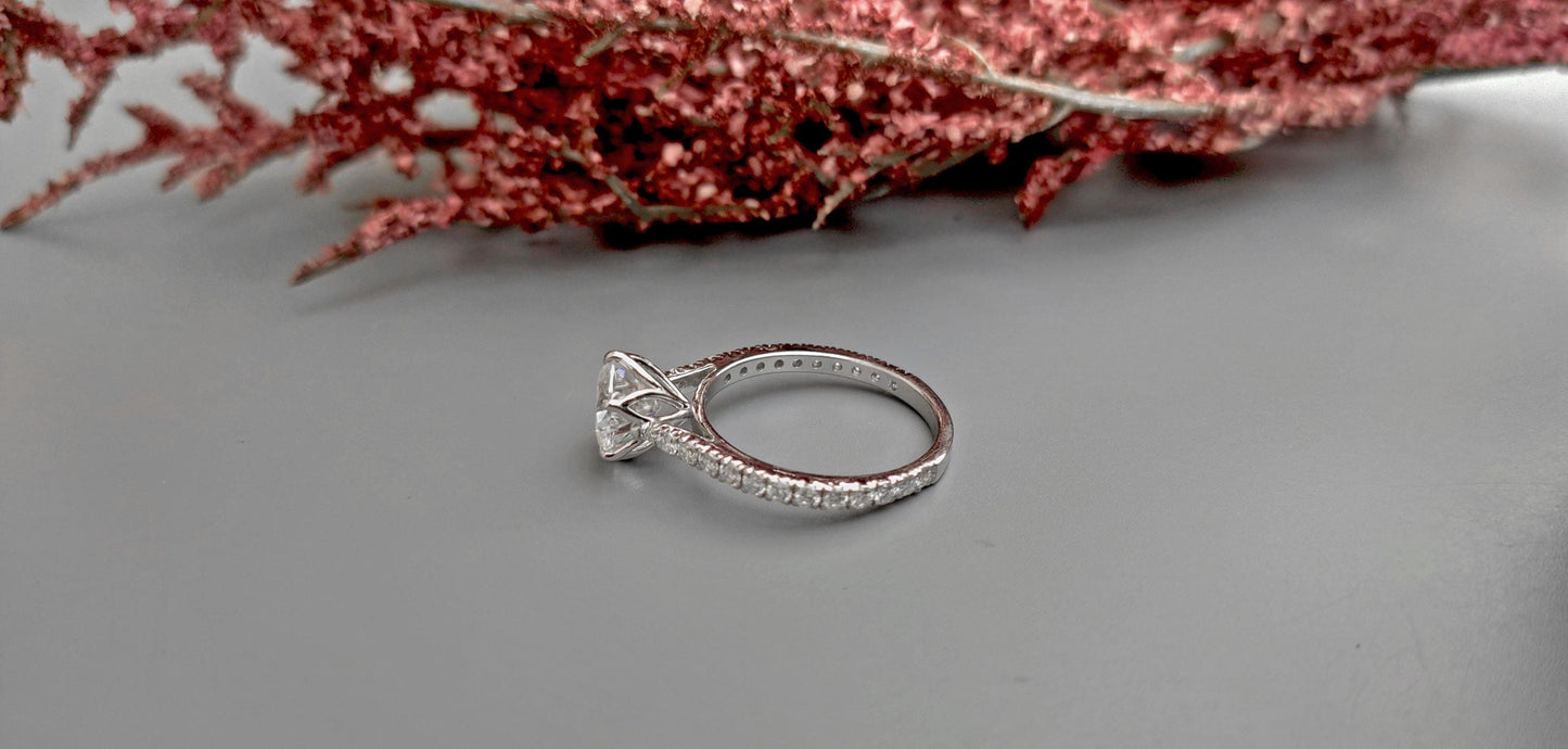Tulip Lotus Prong French Pave Band Round Moissanite Solitaire Engagement Ring,flower basket  Promise\proposal Ring.
