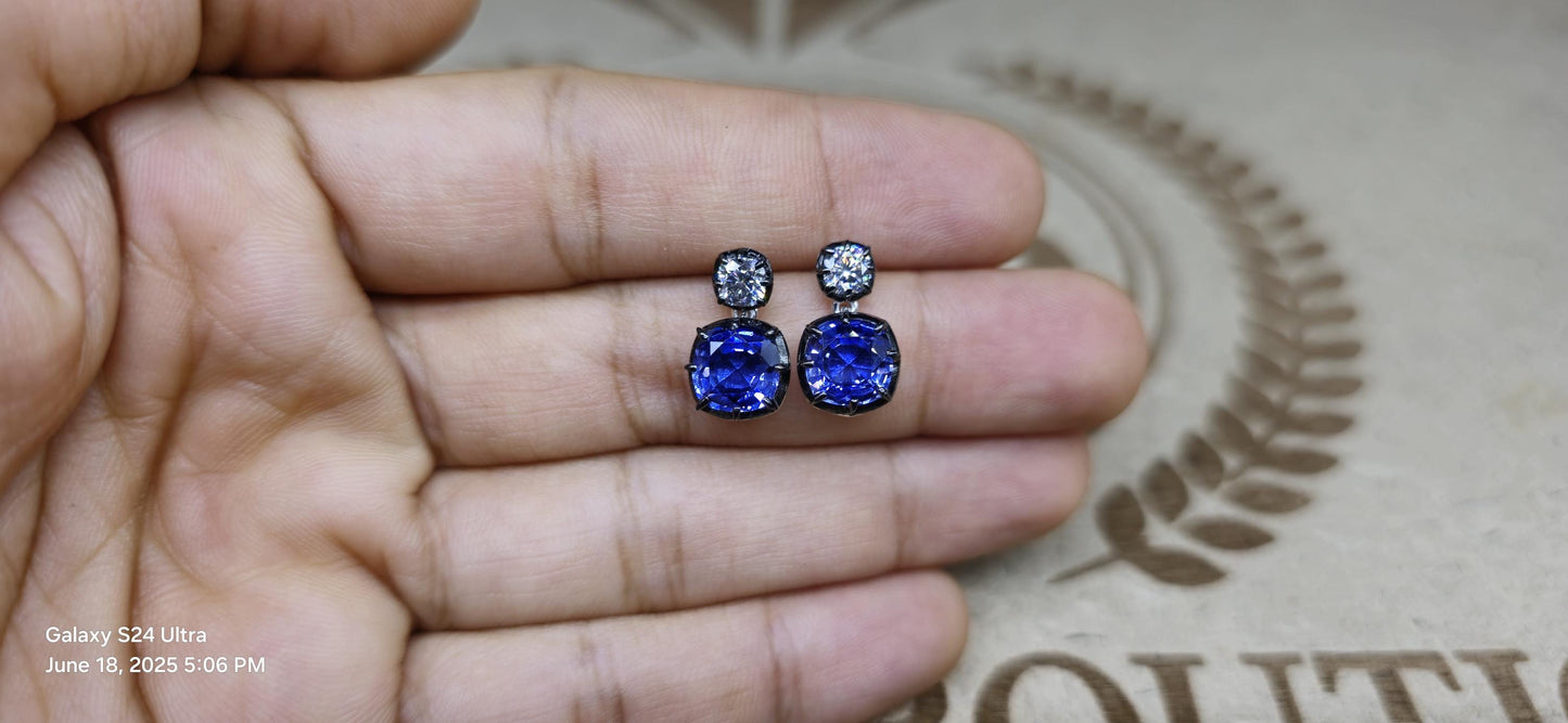 Georgian cut down button back set cushion moissanite and lab grown sapphire earrings, Earrings for women